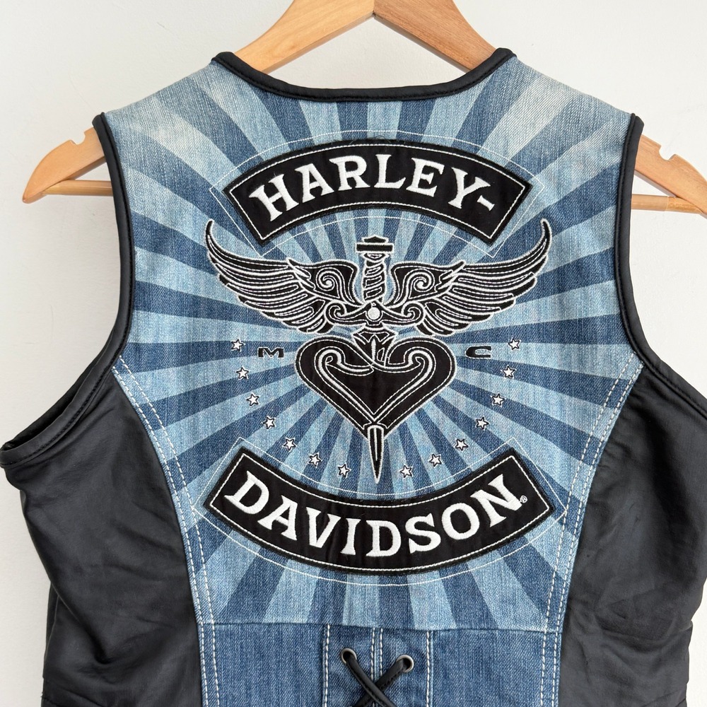 Vintage Harley Vintage Davidson Vest Womens Medium Denim Y2K Corset Lace Up - Picture 3 of 12